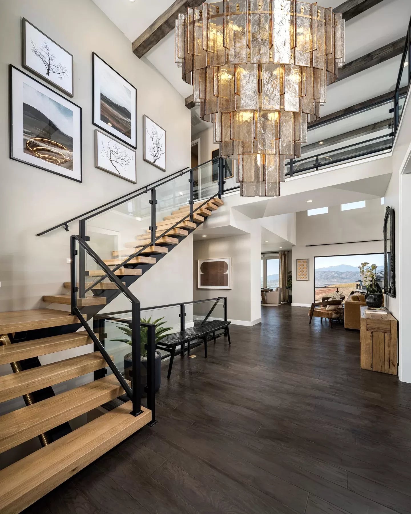 Lattica Smoke Glass Tiered Gold Chandelier for Foyer, Living Room, Entryway