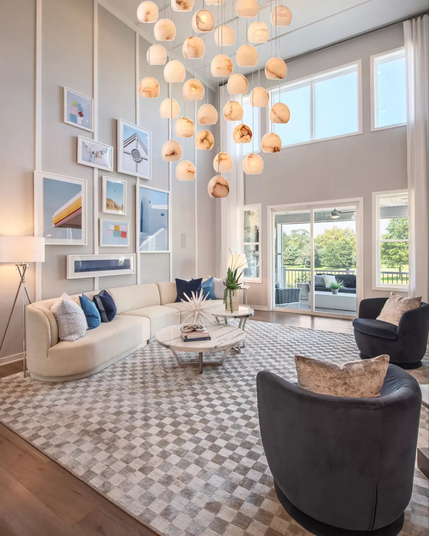 Arica Round Gold Chandelier with Natural Alabaster Stone Shades, Chandelier for High Ceiling