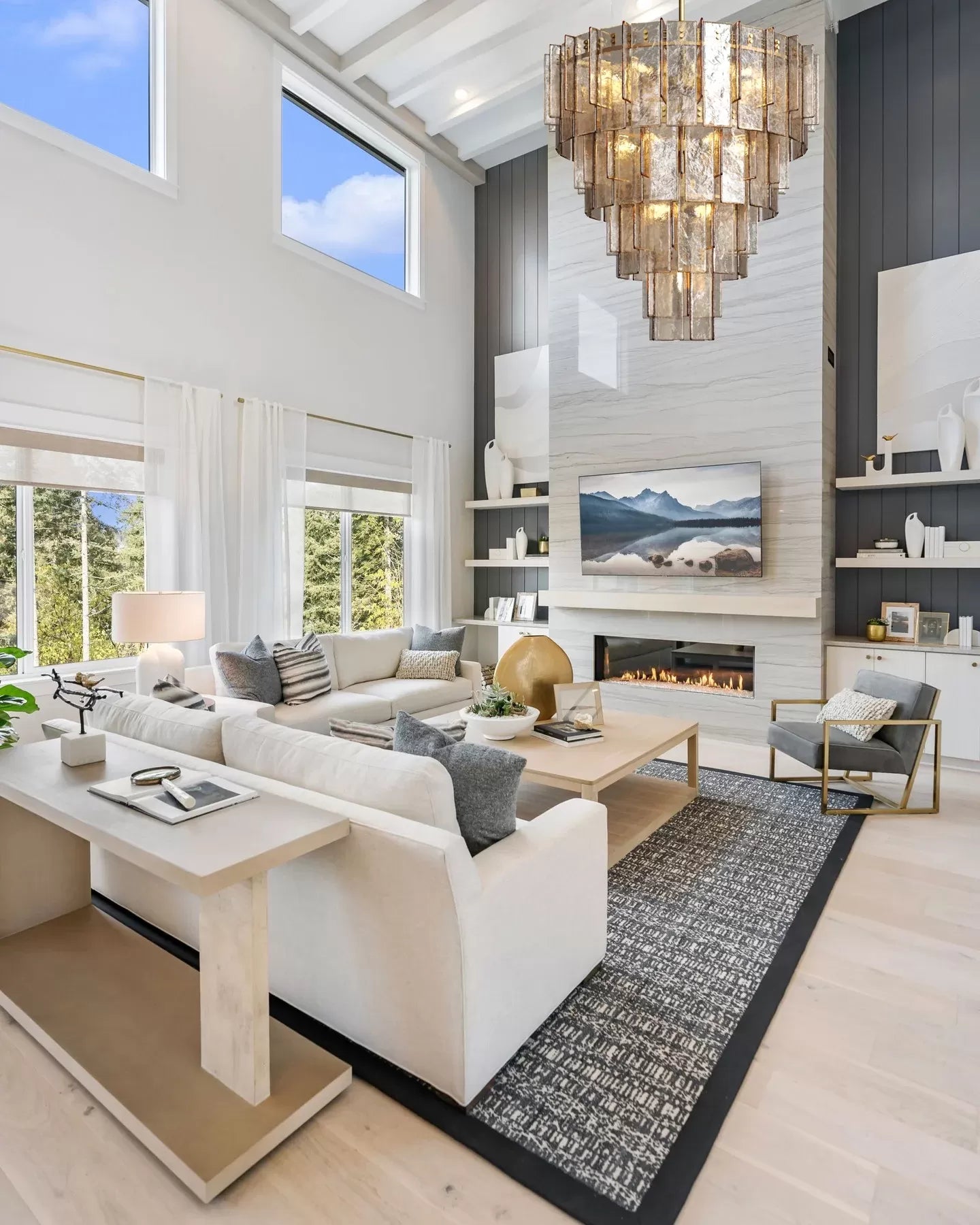 Lattica Smoke Glass Tiered Gold Chandelier for Foyer, Living Room, Entryway