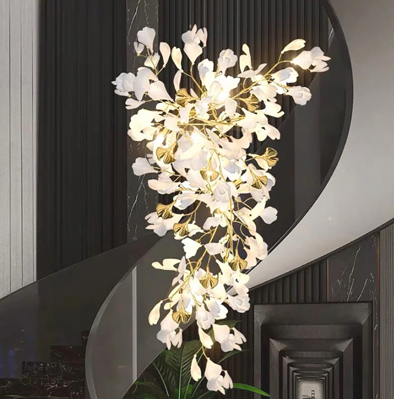 24 Light Gold Chandelier, Luxury Ginkgo Branch Chandelier for Staircase