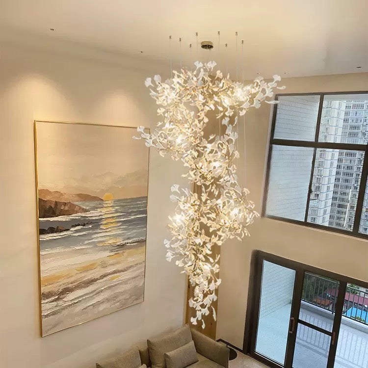 24 Light Gold Chandelier, Luxury Ginkgo Branch Chandelier for Staircase