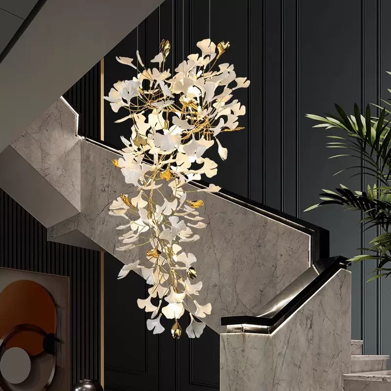 24 Light Gold Chandelier, Luxury Ginkgo Branch Chandelier for Staircase