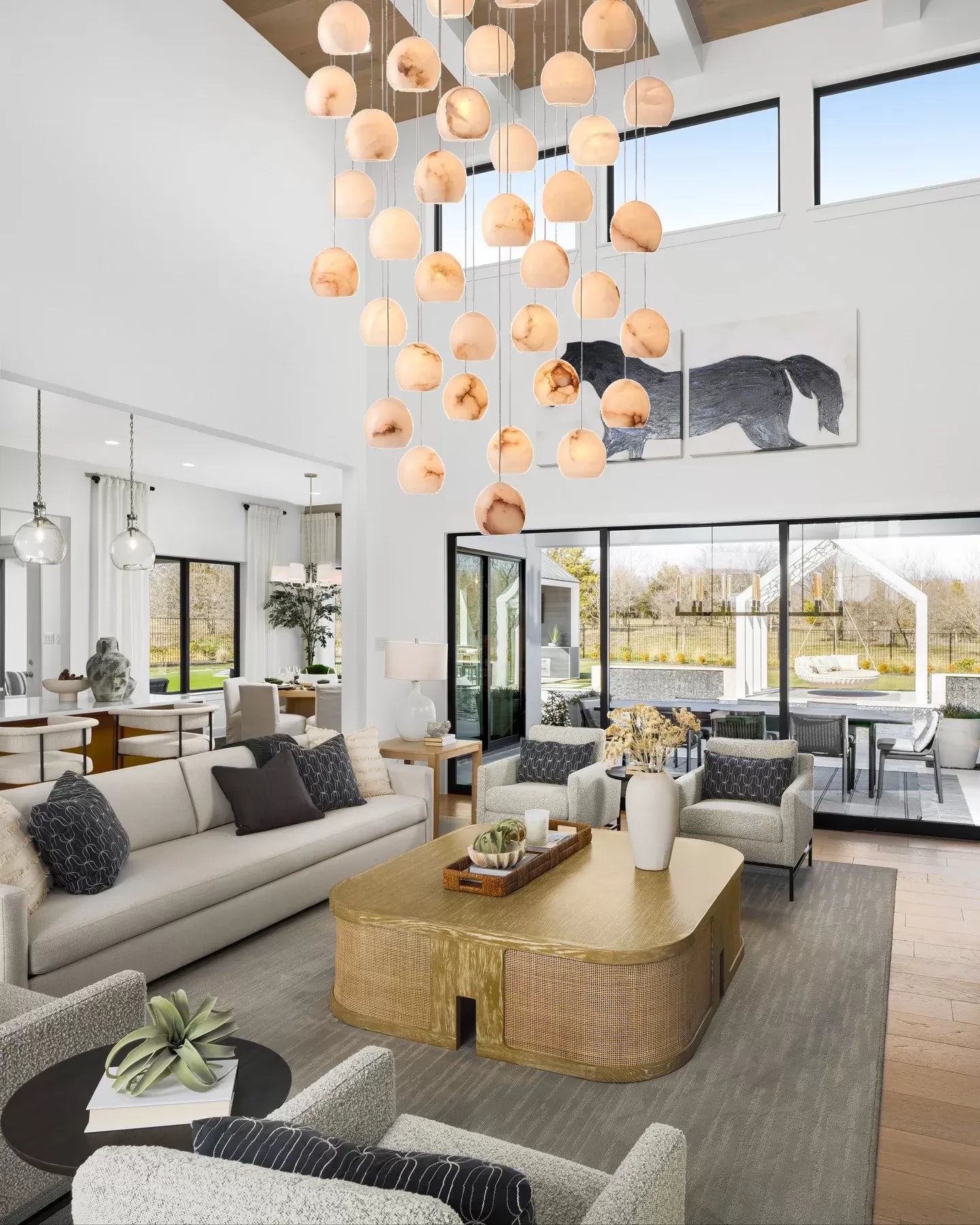 Arica Round Gold Chandelier with Natural Alabaster Stone Shades, Chandelier for High Ceiling