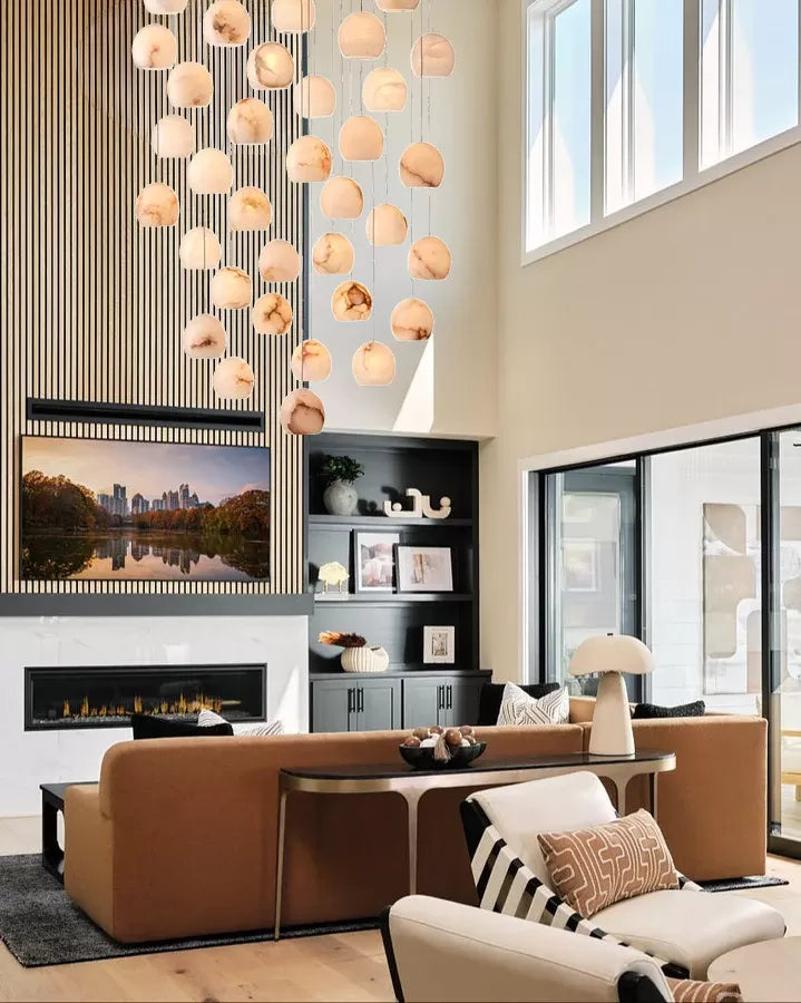 Arica Round Gold Chandelier with Natural Alabaster Stone Shades, Chandelier for High Ceiling