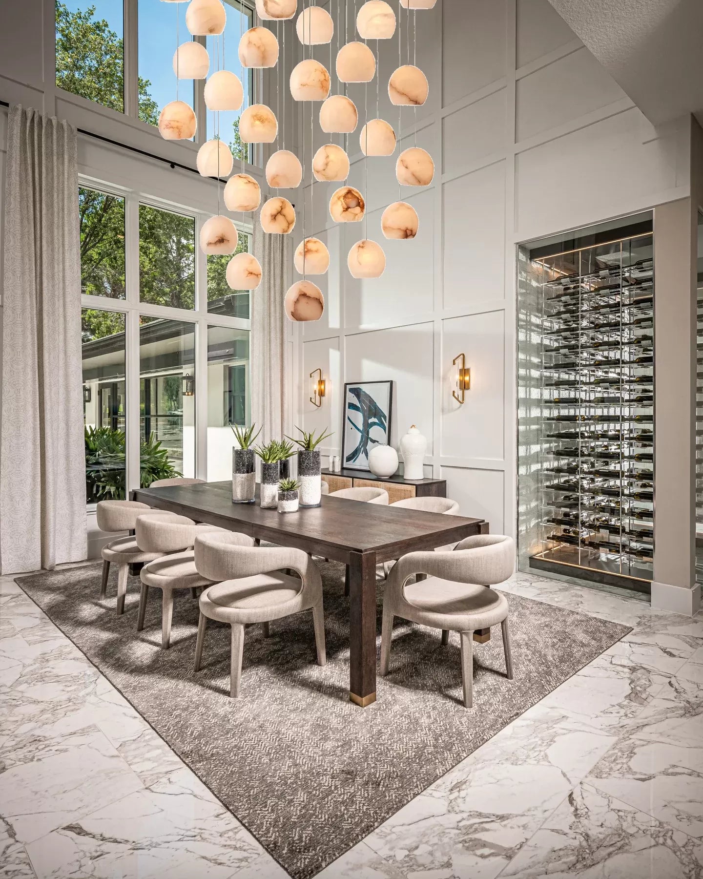 Arica Round Gold Chandelier with Natural Alabaster Stone Shades, Chandelier for High Ceiling