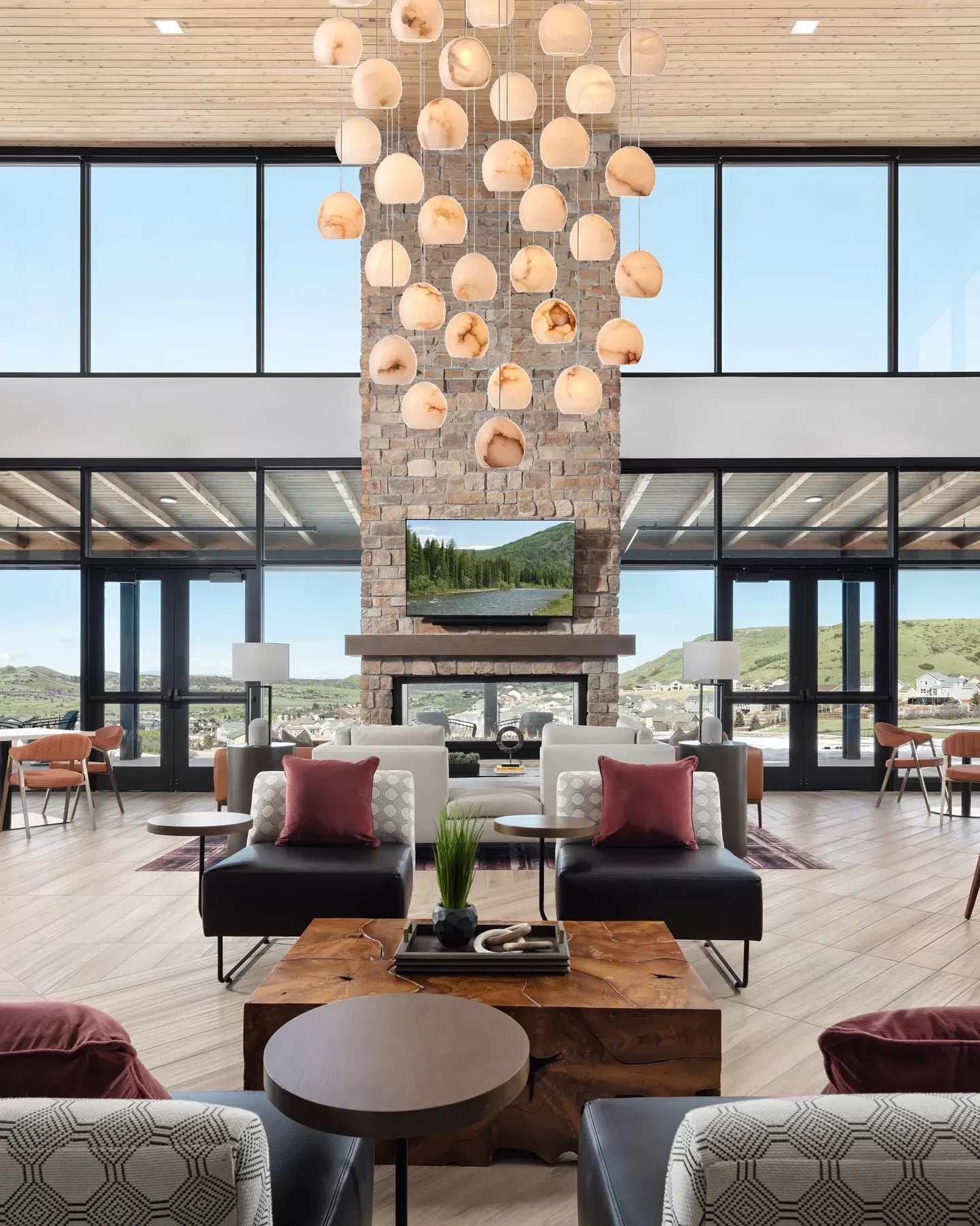 Arica Round Gold Chandelier with Natural Alabaster Stone Shades, Chandelier for High Ceiling