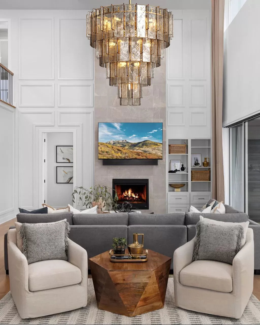 Lattica Smoke Glass Tiered Gold Chandelier for Foyer, Living Room, Entryway