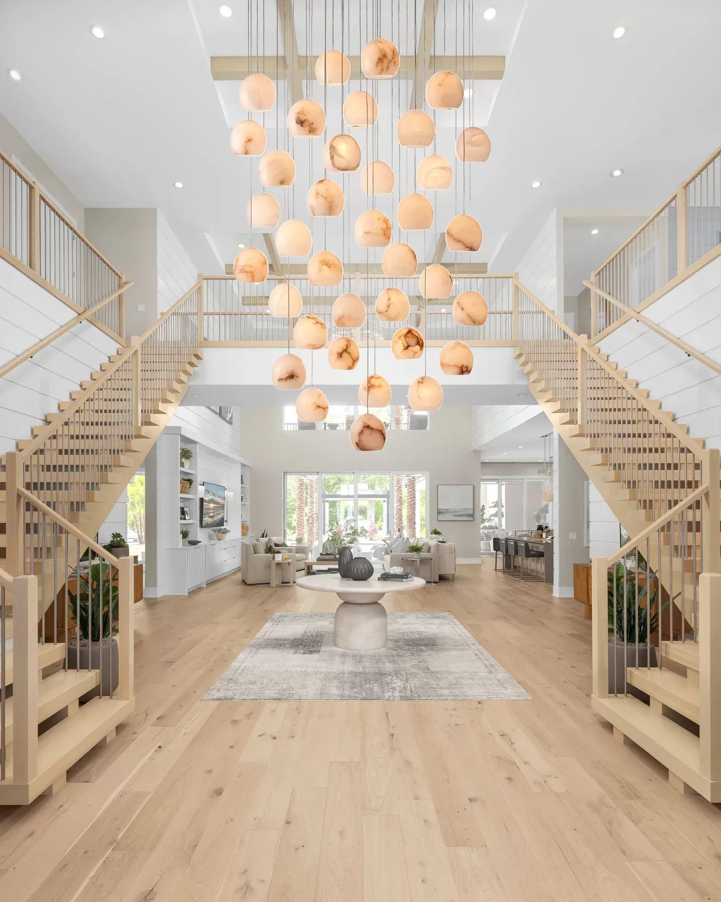 Arica Round Gold Chandelier with Natural Alabaster Stone Shades, Chandelier for High Ceiling