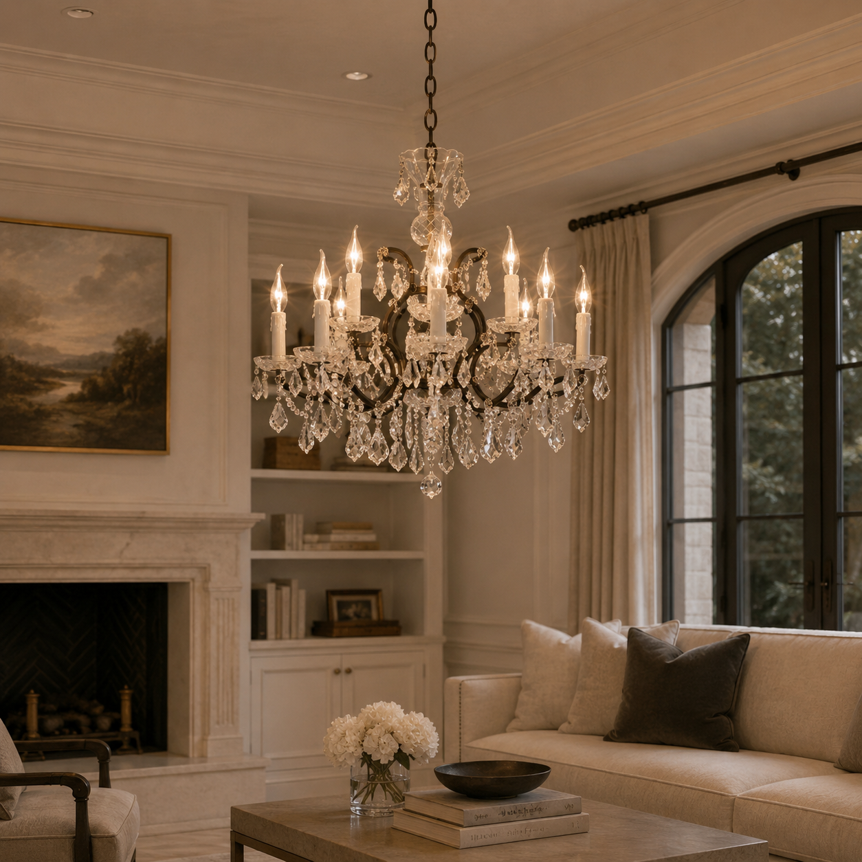 19Th C. Rococone Iron & Crystal Round Chandelier