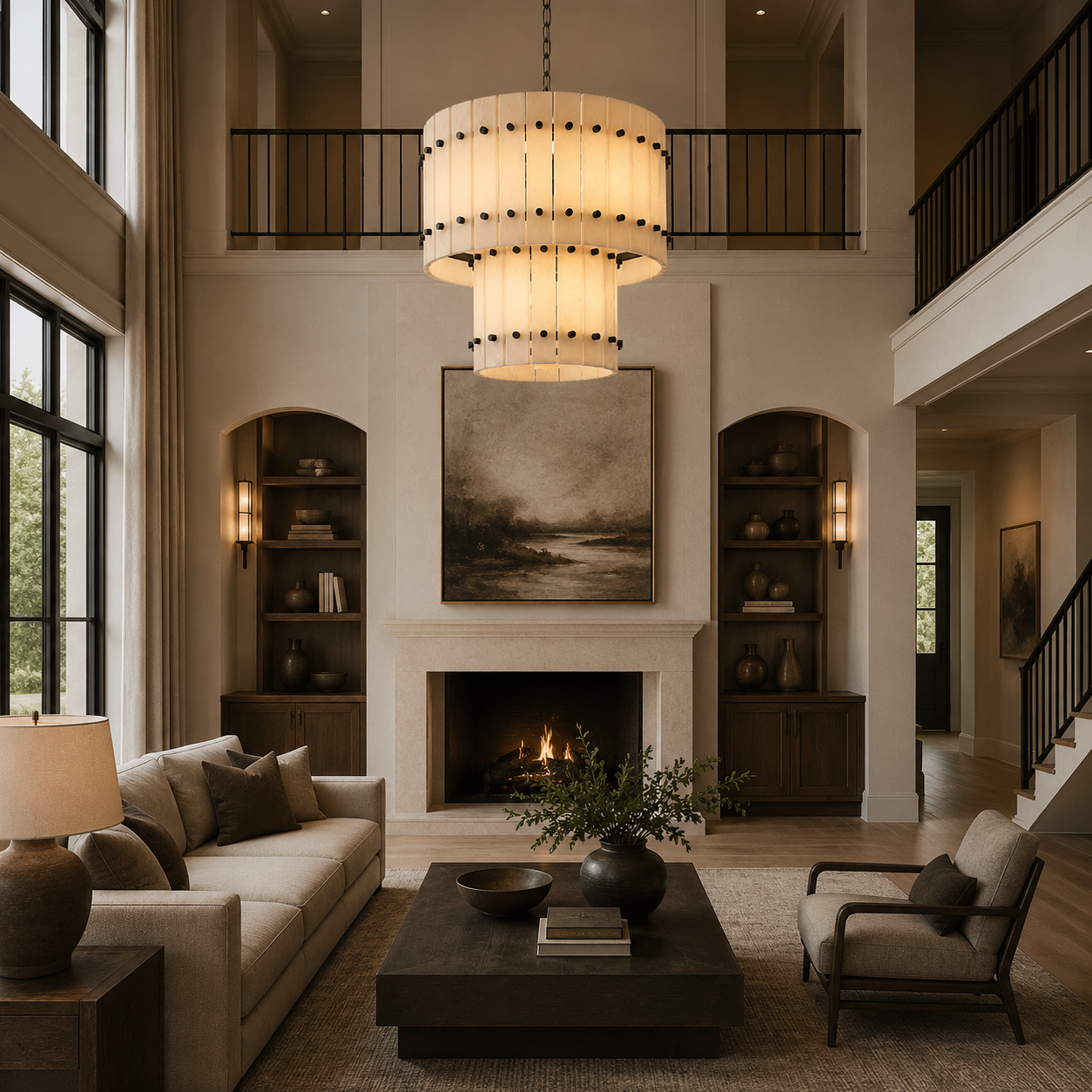 Sanish Marco Alabaster Two-Tier Round Chandelier