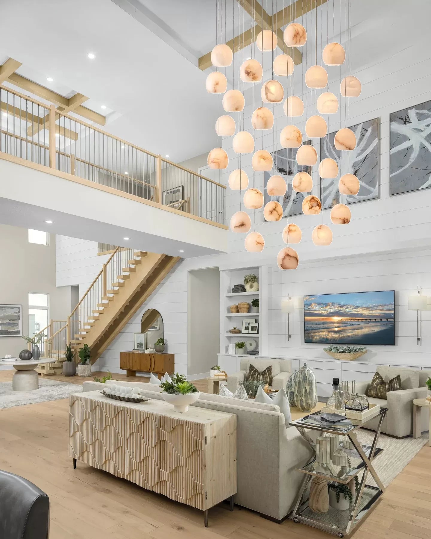 Arica Round Gold Chandelier with Natural Alabaster Stone Shades, Chandelier for High Ceiling