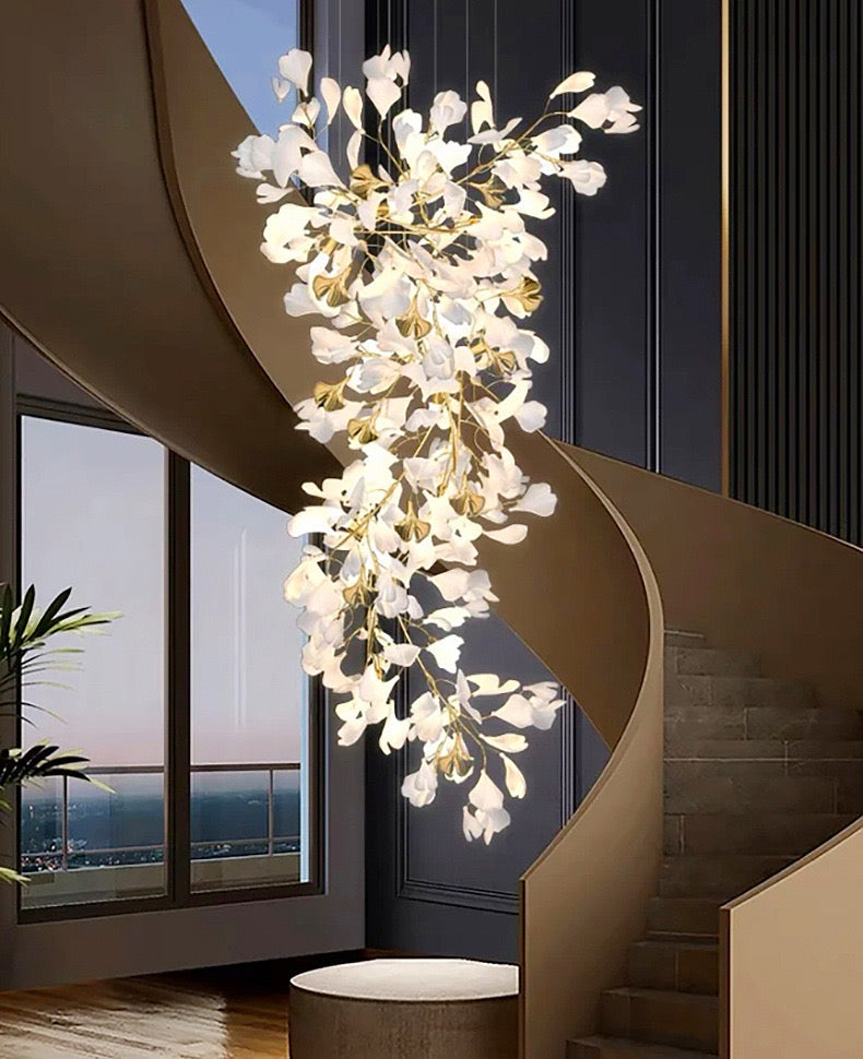 24 Light Gold Chandelier, Luxury Ginkgo Branch Chandelier for Staircase