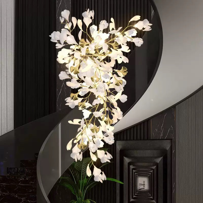 24 Light Gold Chandelier, Luxury Ginkgo Branch Chandelier for Staircase