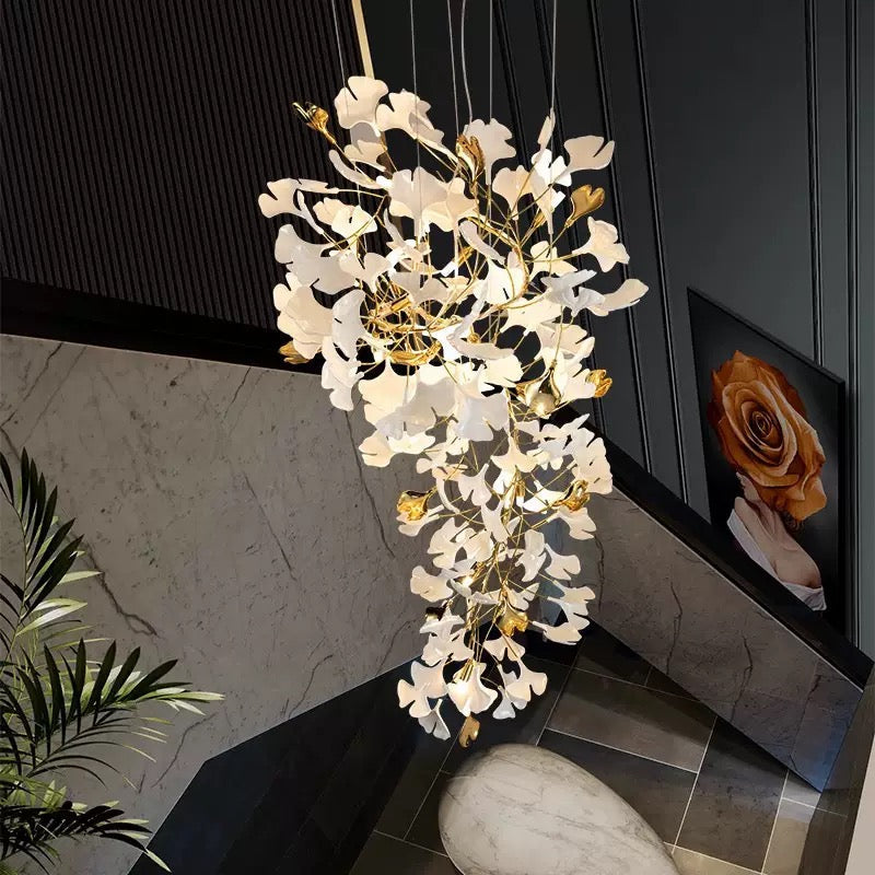 24 Light Gold Chandelier, Luxury Ginkgo Branch Chandelier for Staircase